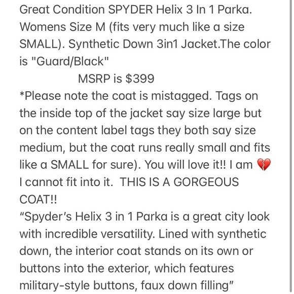 SPYDER Helix 3in1 coat. GORGEOUS!! Sz Small (or XS with room for layers) - Picture 12 of 12